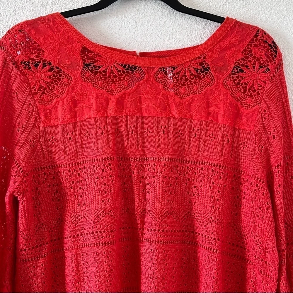 Free People Knit Crochet Eyelet Flare Sleeve Linen Blend Top Women Medium Orange